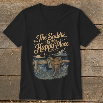 Black t-shirt with "The Saddle Is My Happy Place" text over a saddle and fence.