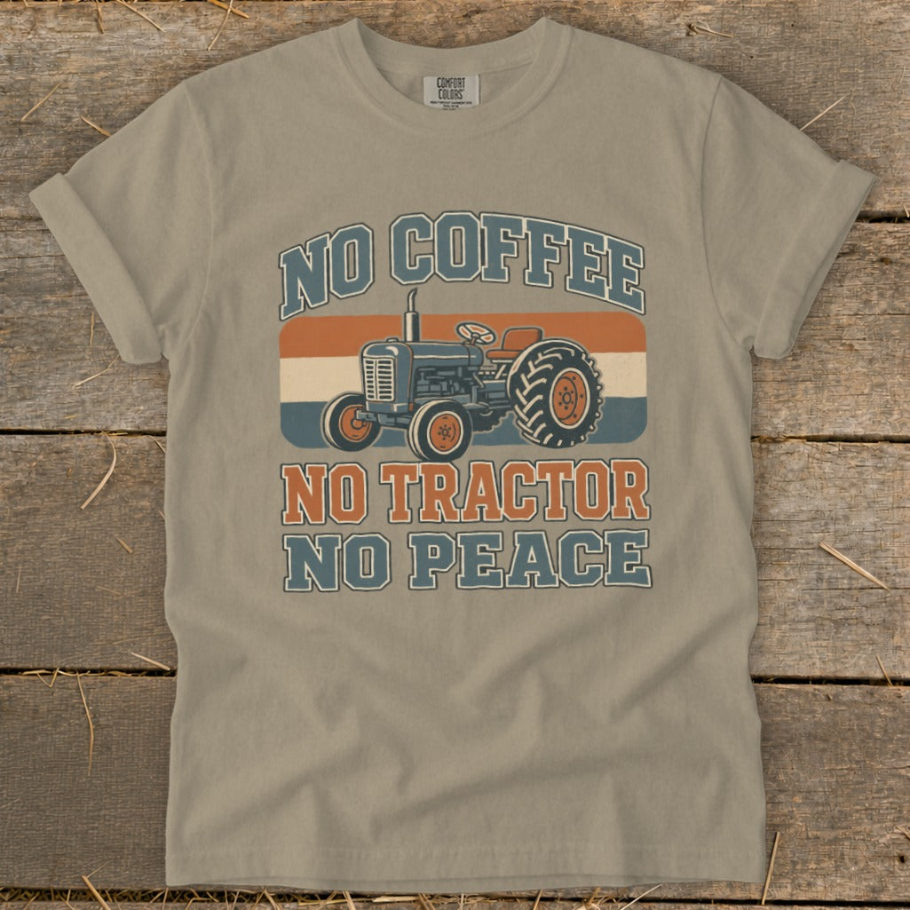 T-shirt graphic with vintage tractor and text "No Coffee, No Tractor, No Peace".