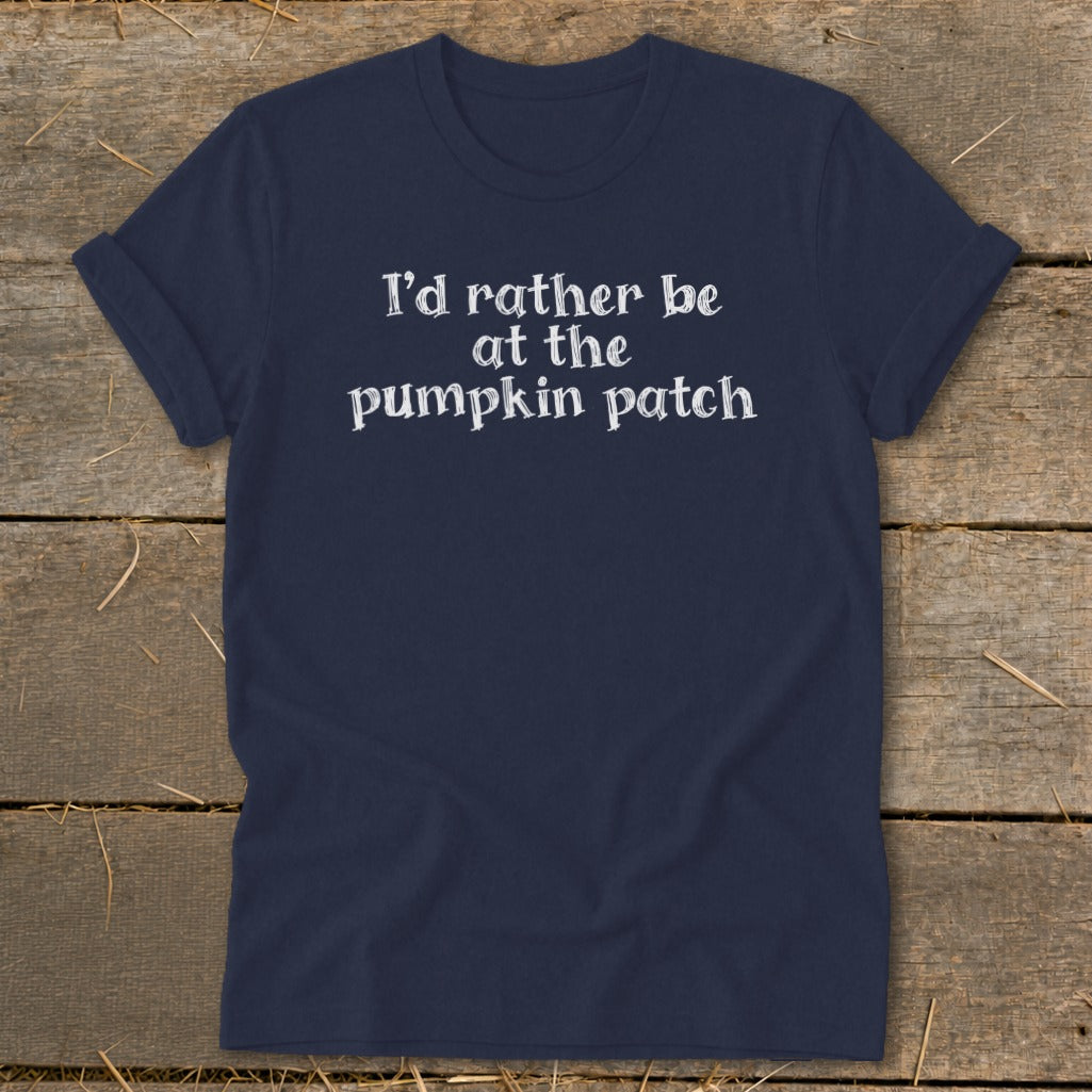 Navy t-shirt with white text that reads "I'd rather be at the pumpkin patch".