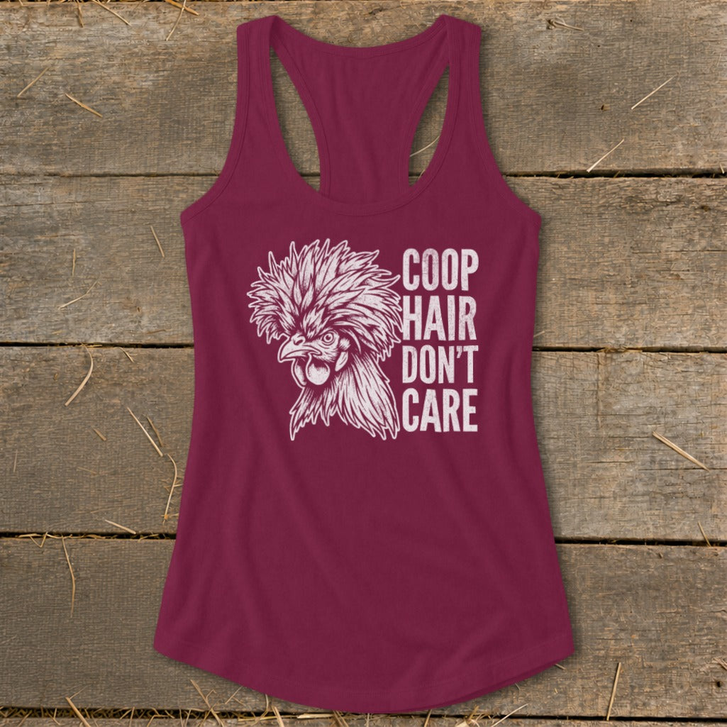 Maroon tank top with a white chicken graphic and "Coop Hair Don't Care" text.