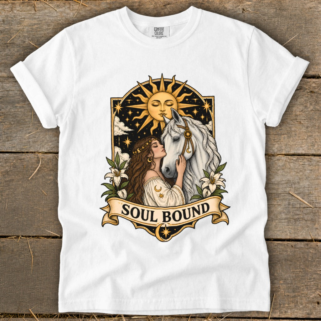 Woman embraces white horse under a sun with face, "Soul Bound" text.