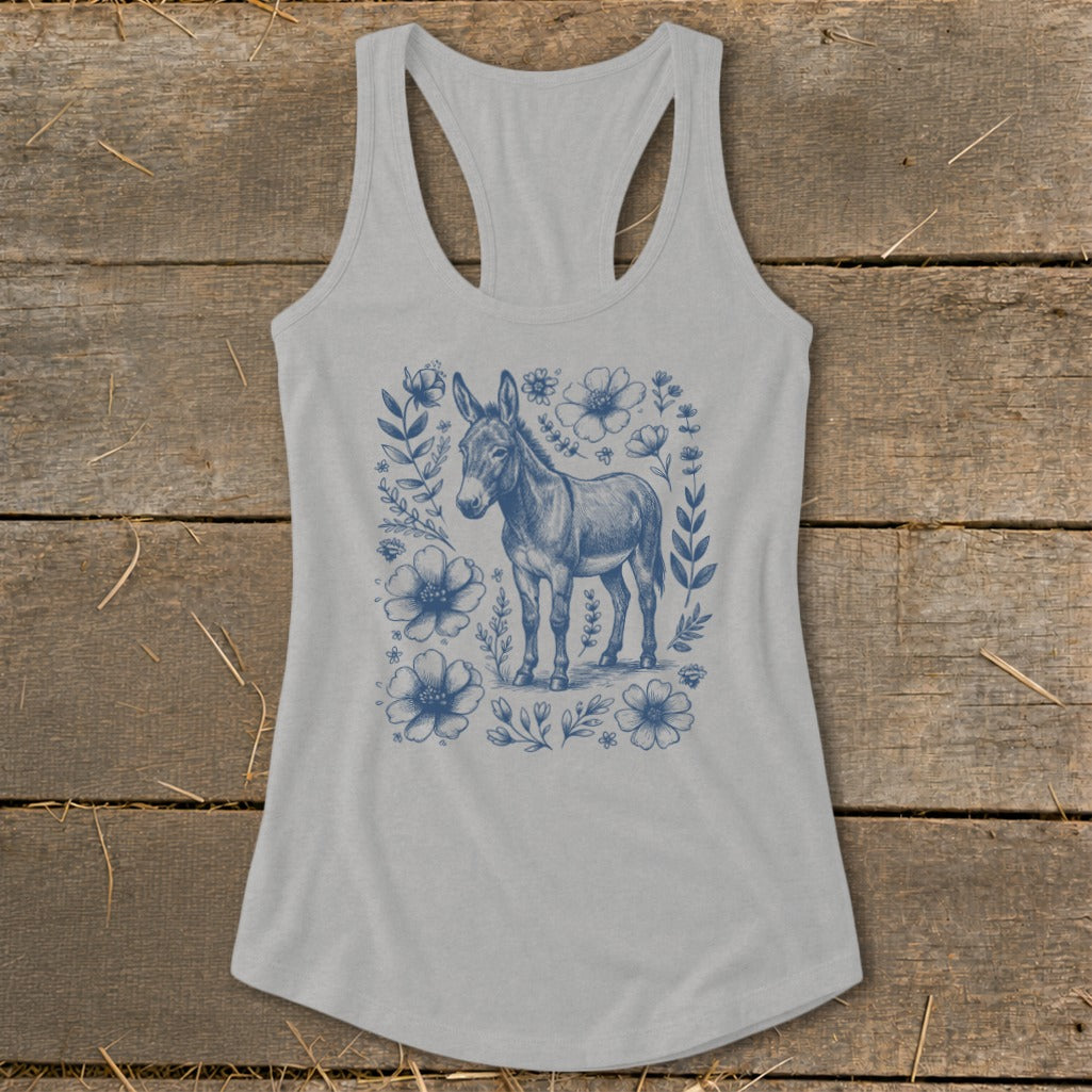 Grey tank top with blue donkey and floral sketch print.