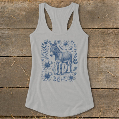 Grey tank top with blue donkey and floral sketch print.