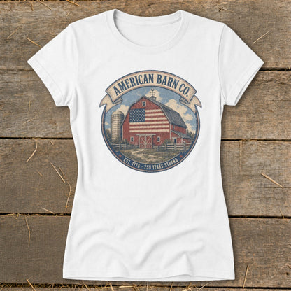 American Barn Co. graphic with barn, silo, flag, and text "Est. 1776 - 250 Years Strong."