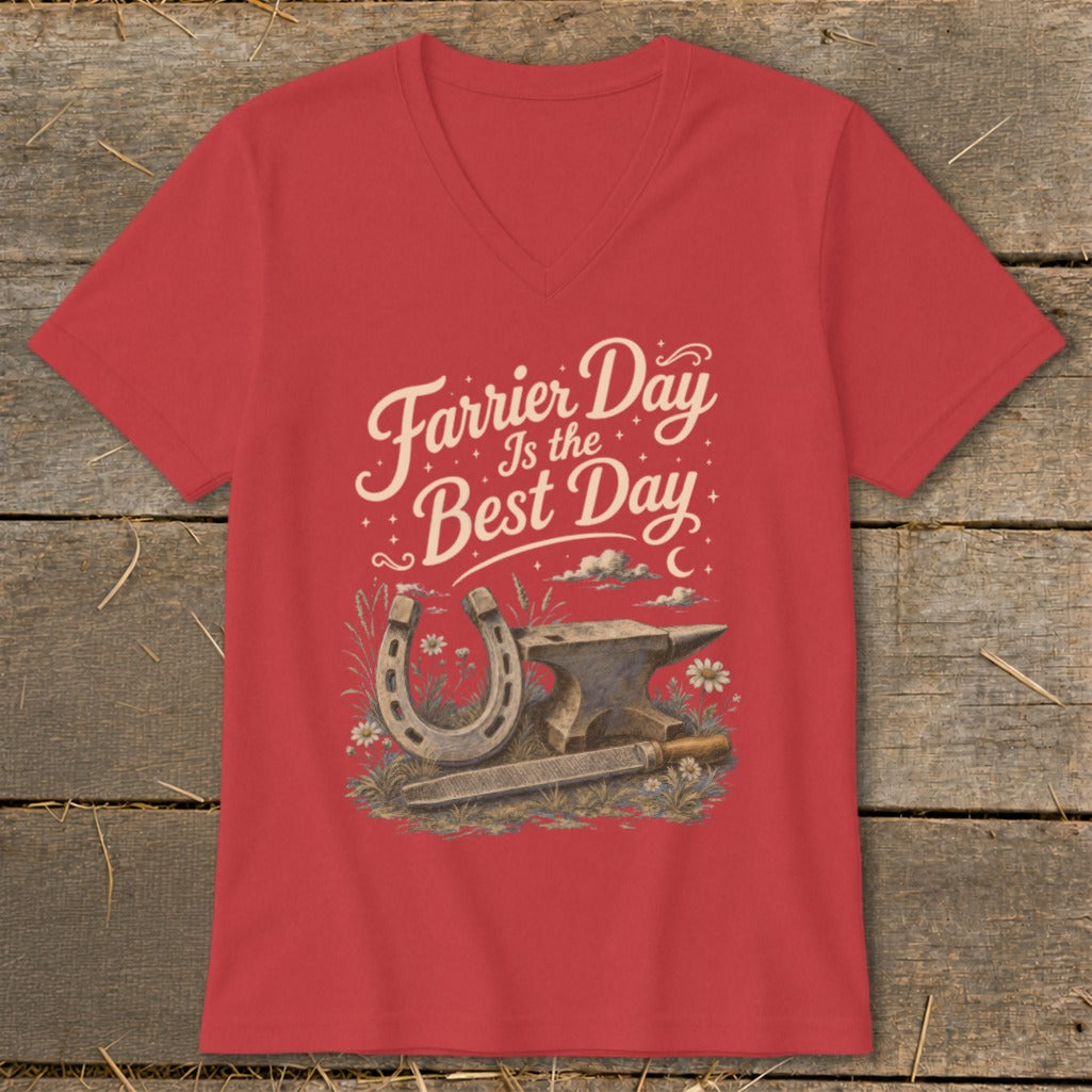 Red t-shirt with "Farrier Day Is the Best Day" text and horseshoe, anvil, file, and flowers.