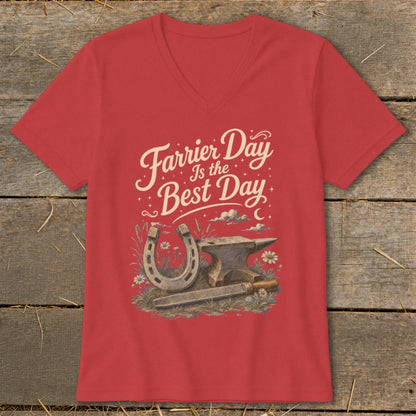 Red t-shirt with "Farrier Day Is the Best Day" text and horseshoe, anvil, file, and flowers.