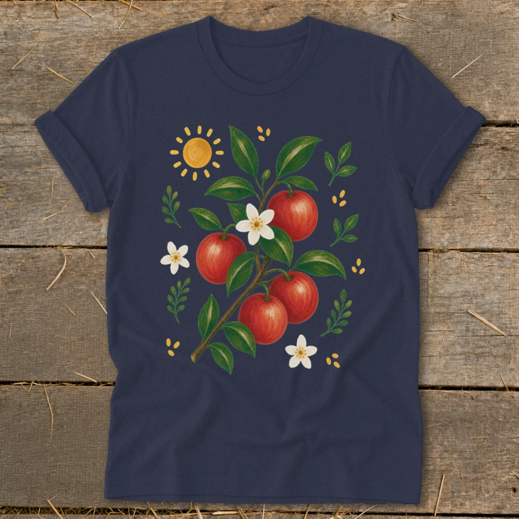 Navy t-shirt with illustration of apples on a branch, white flowers, and sun.