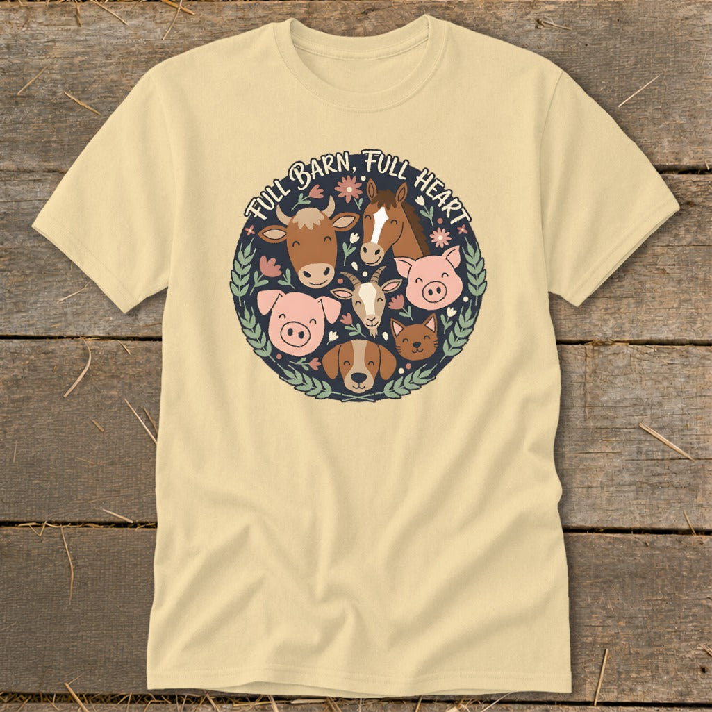 Light yellow t-shirt with "Full Barn, Full Heart" text and cartoon farm animals.