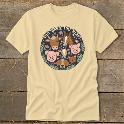 Light yellow t-shirt with "Full Barn, Full Heart" text and cartoon farm animals.