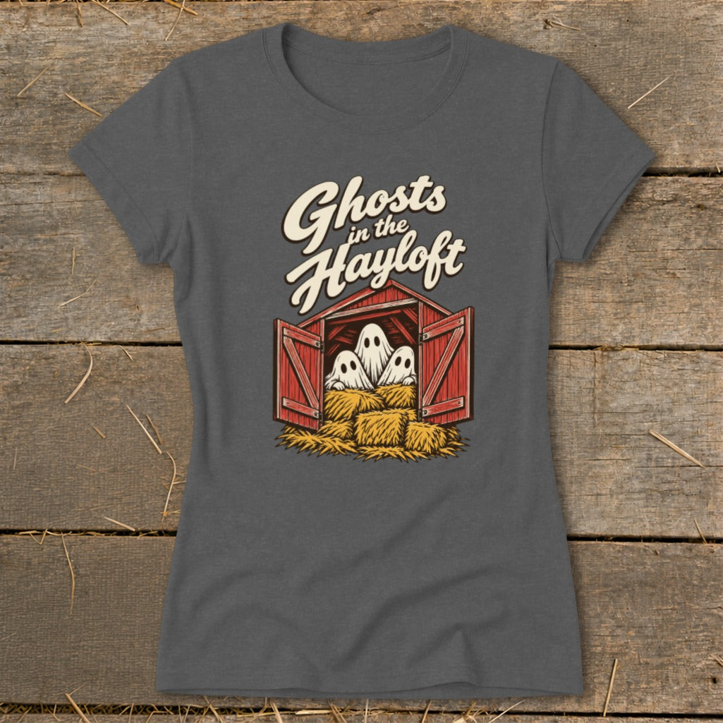 T-shirt graphic with ghosts in a barn and text "Ghosts in the Hayloft".