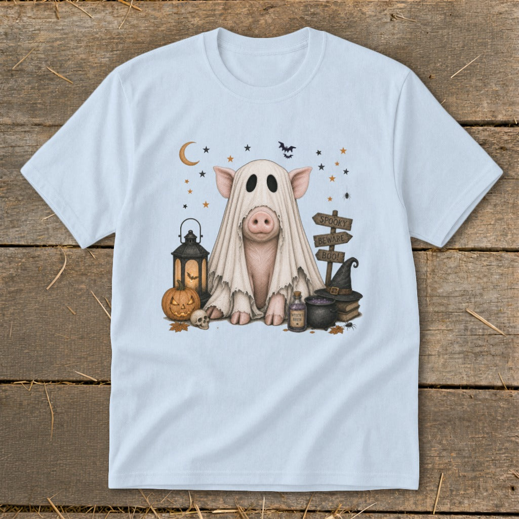 Pig dressed as a ghost with Halloween decorations and spooky signs.