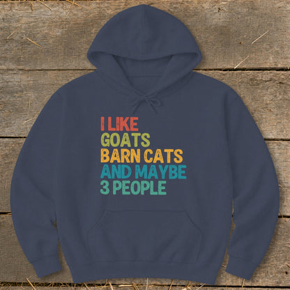 Navy hoodie with retro text: I like goats, barn cats, and maybe 3 people.