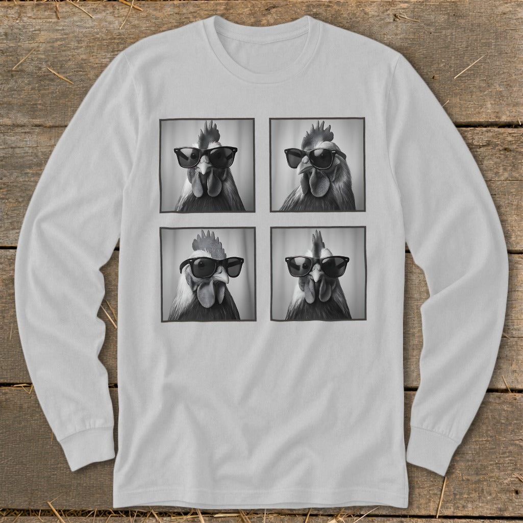Four black and white portraits of roosters wearing sunglasses on a long-sleeved shirt.