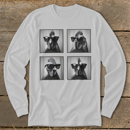 Four black and white portraits of roosters wearing sunglasses on a long-sleeved shirt.