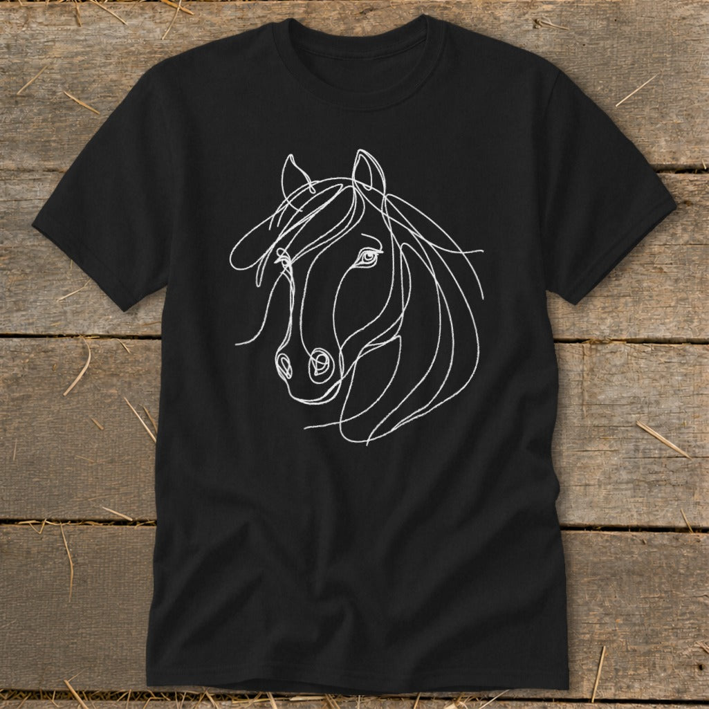 Black t-shirt with a white line drawing of a horse's head.