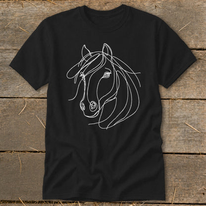 Black t-shirt with a white line drawing of a horse's head.