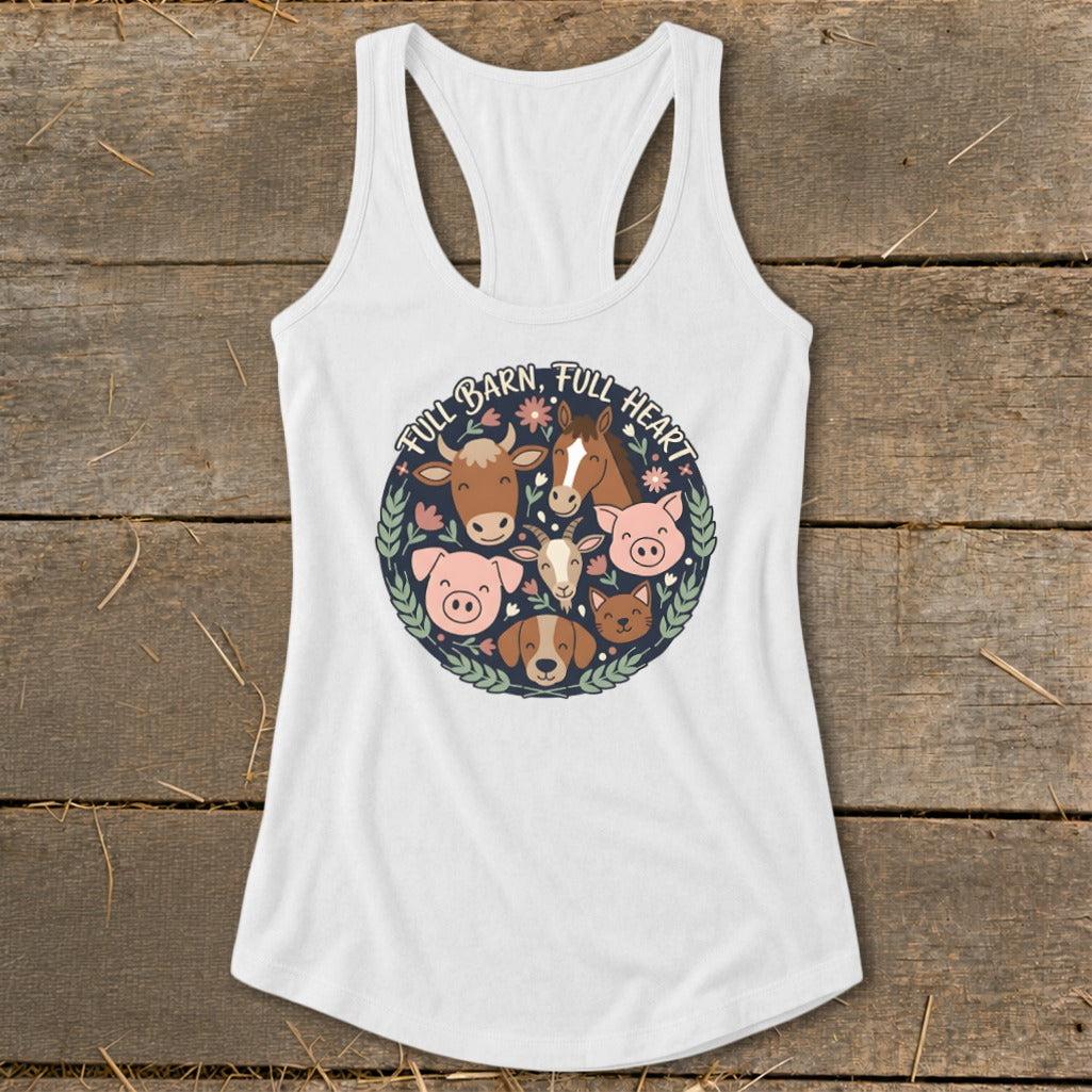 White tank top with a circular farm animal graphic and text "FULL BARN, FULL HEART".