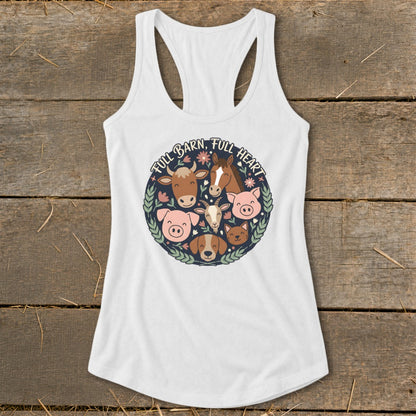 White tank top with a circular farm animal graphic and text "FULL BARN, FULL HEART".