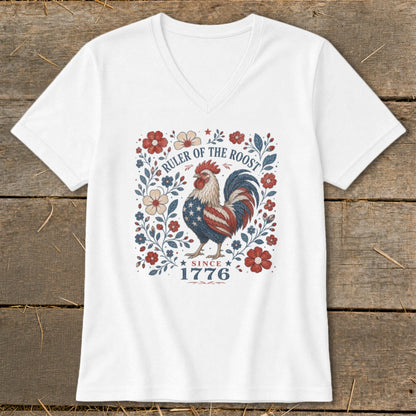 White t-shirt with a patriotic rooster design and text "Ruler of the Roost Since 1776."