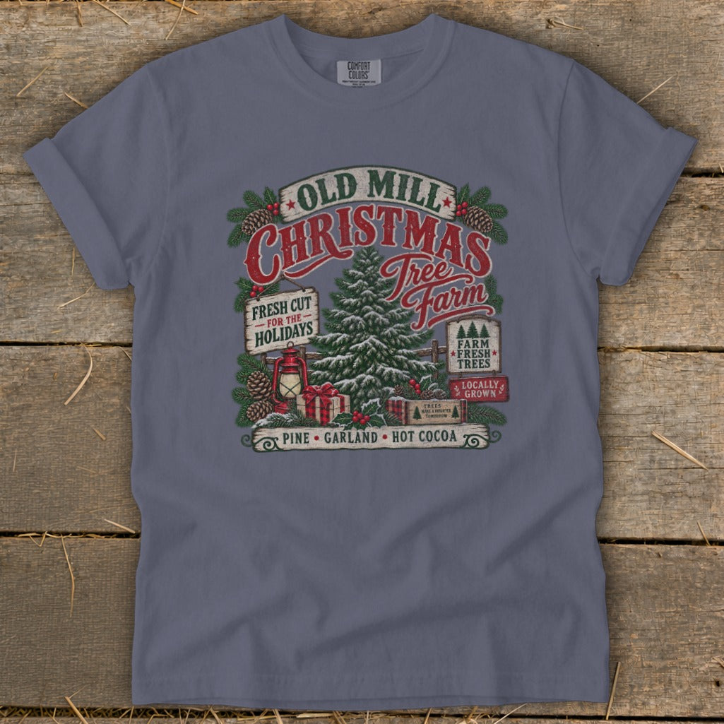 Old Mill Christmas Tree Farm design with pine, garland, and hot cocoa.