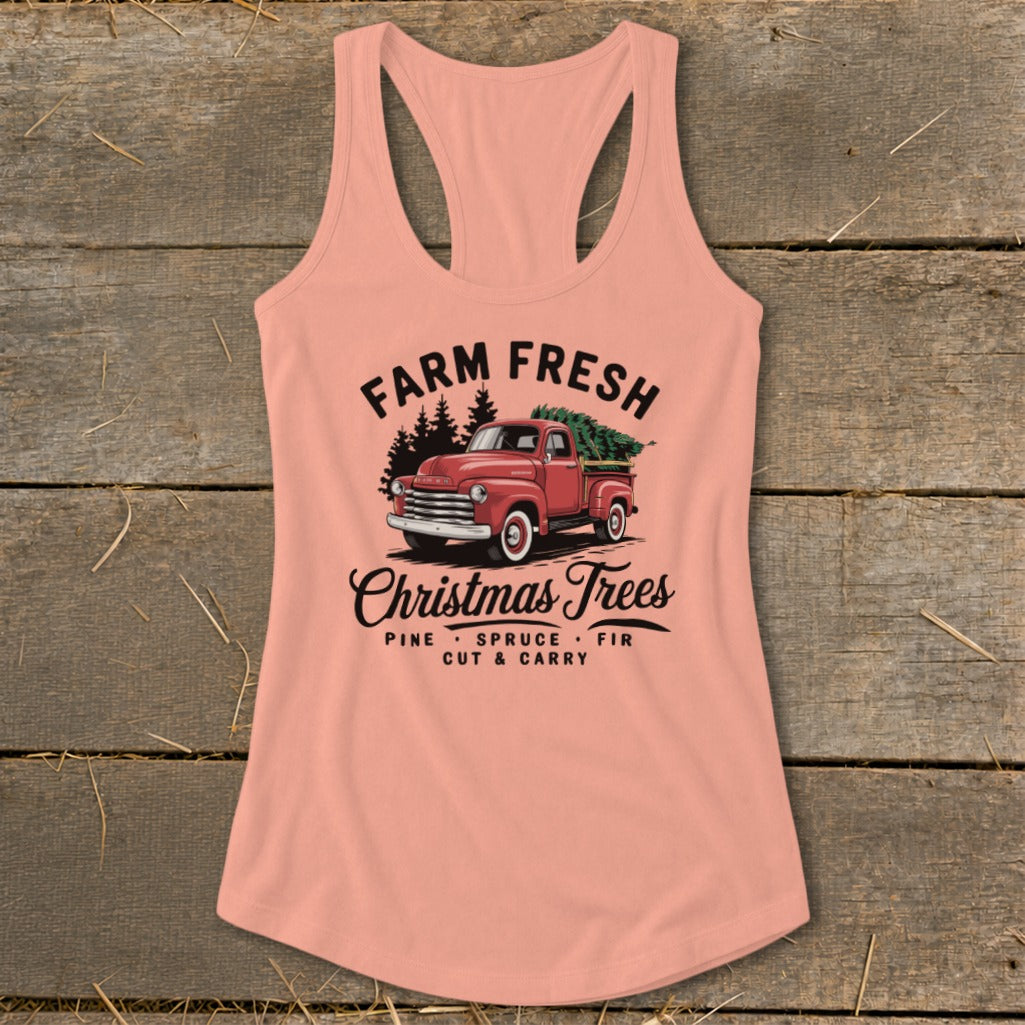 Peach tank top with "Farm Fresh Christmas Trees" design featuring a red truck.