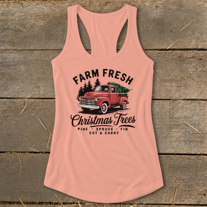 Peach tank top with "Farm Fresh Christmas Trees" design featuring a red truck.