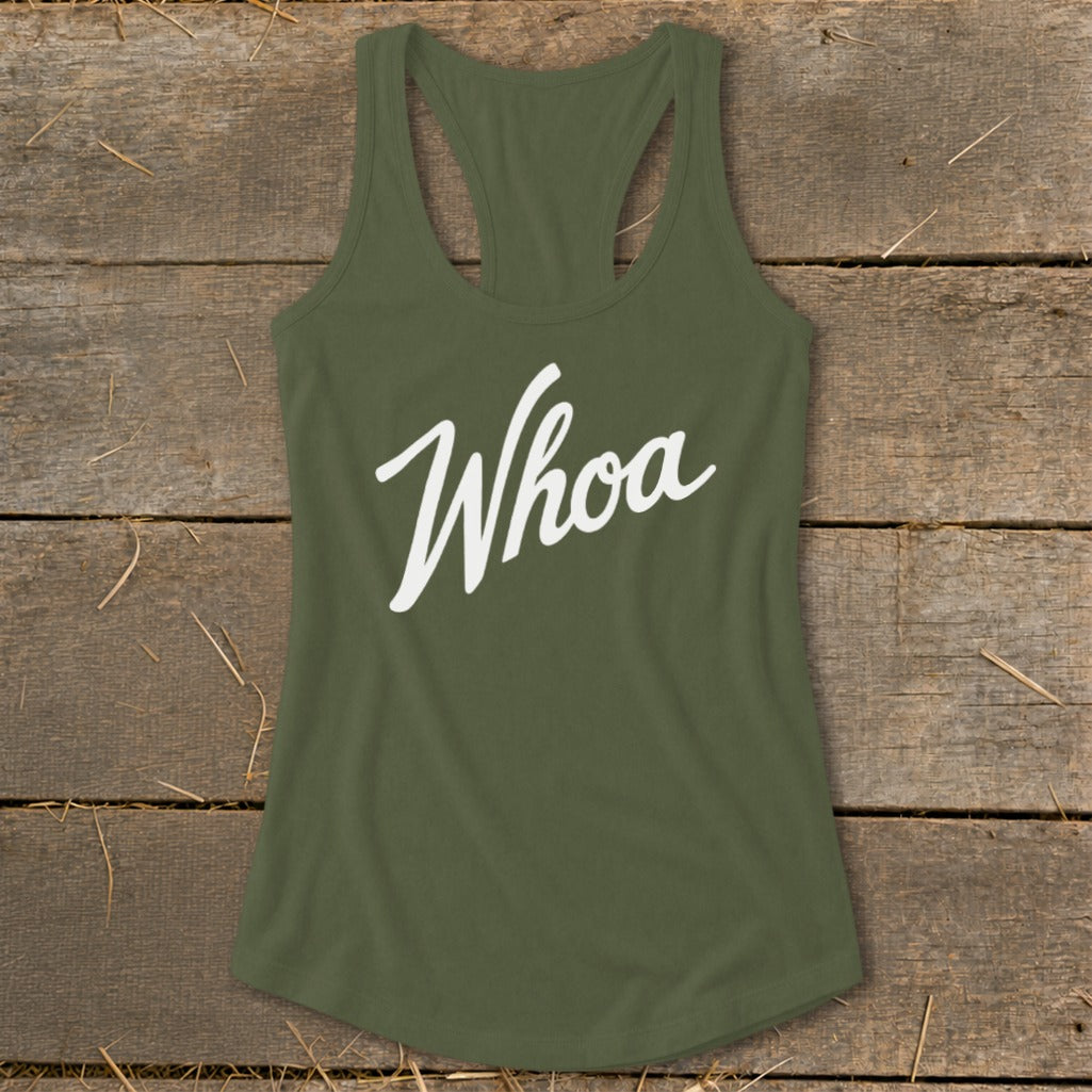 Olive green racerback tank top with "Whoa" in white script.