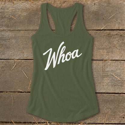 Olive green racerback tank top with "Whoa" in white script.