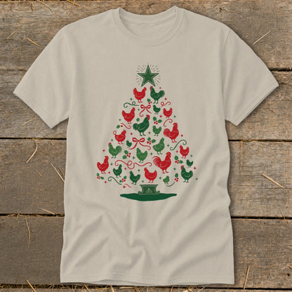 Light tan t-shirt with a Christmas tree made of red and green chickens.