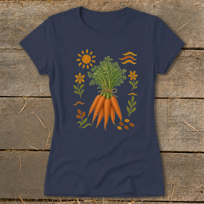 Navy t-shirt with a central illustration of a bunch of carrots surrounded by floral elements and a sun.