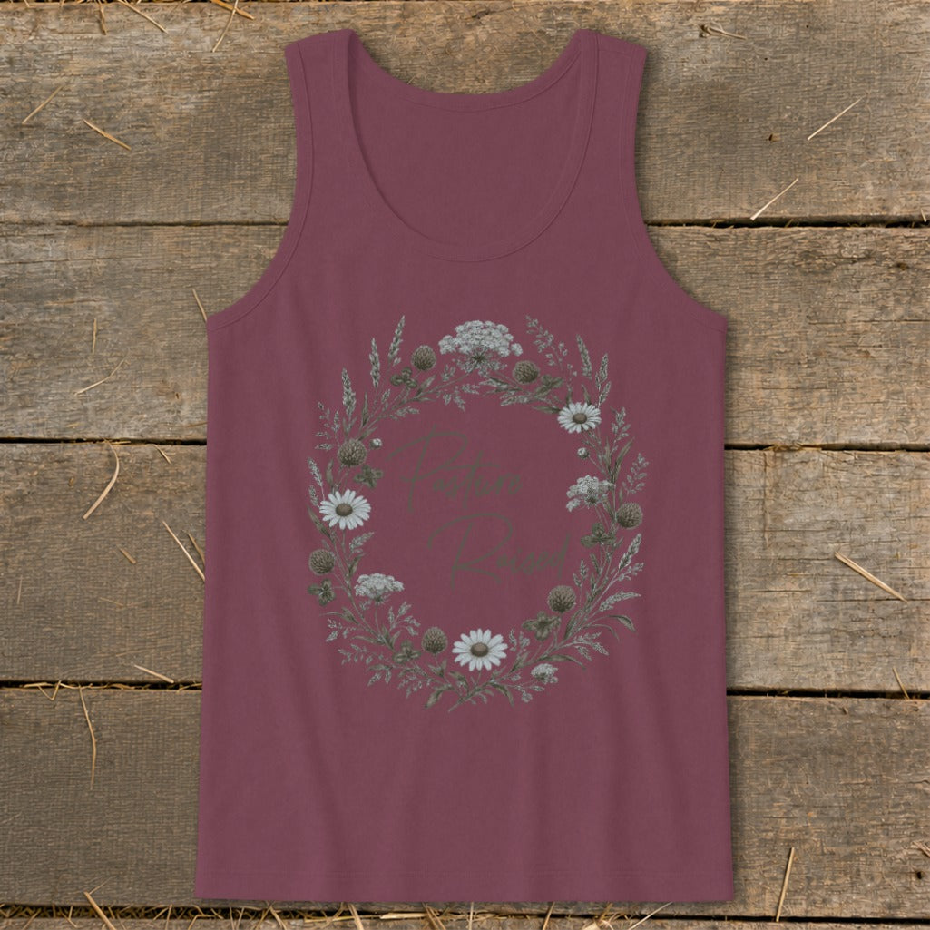 Burgundy tank top with floral wreath and "Mother Knows" text.