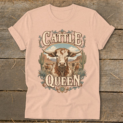 Longhorn cow and desert landscape with text "Cattle Queen".