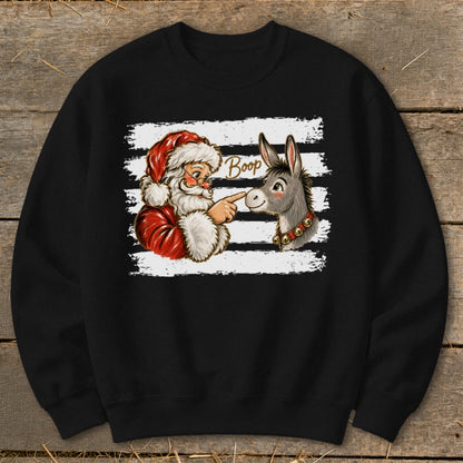 Santa booping a donkey with text "Boop" on a black sweatshirt.