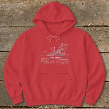 Red hoodie with a white line drawing of a farm scene with a barn and windmill.