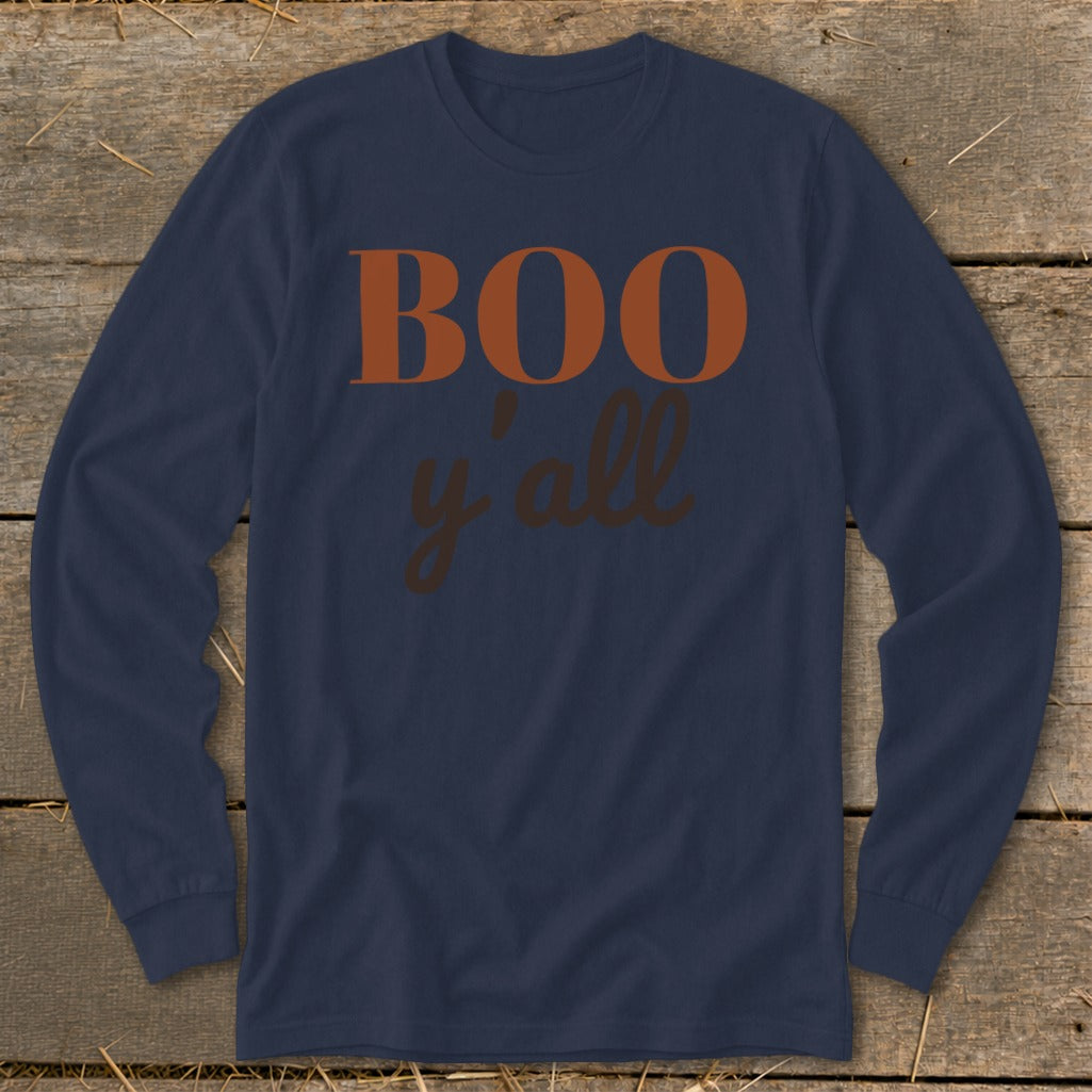 Navy long-sleeved shirt with "BOO y'all" text in orange and brown.