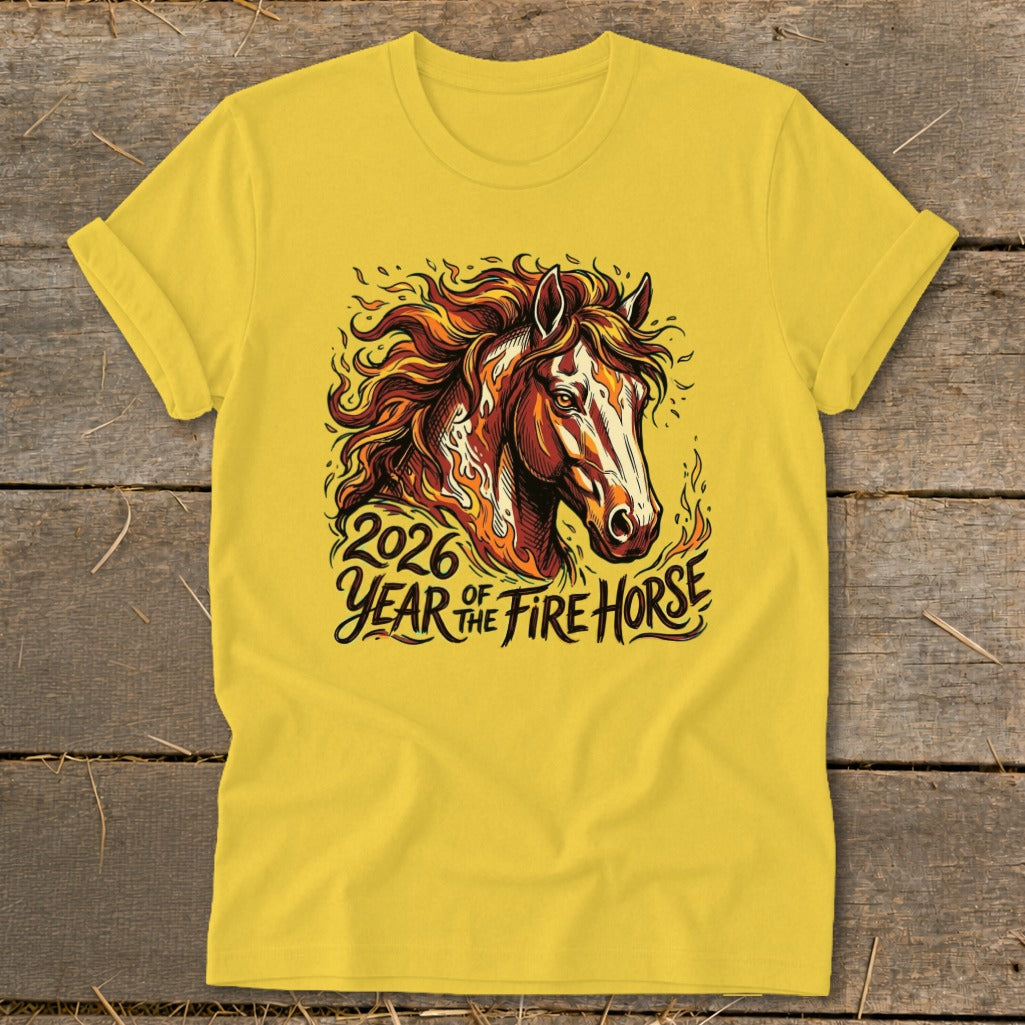 Yellow t-shirt with 2026 Year of the Fire Horse graphic featuring a horse with flames.