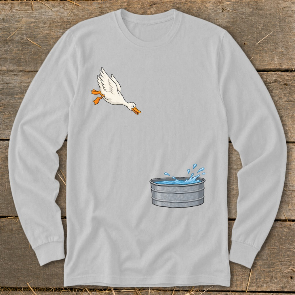 Light gray long-sleeve shirt with a cartoon duck jumping into a galvanized tub of water.