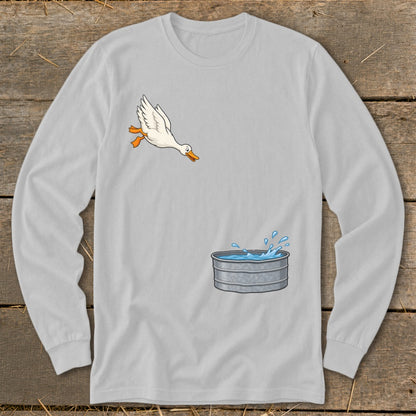 Light gray long-sleeve shirt with a cartoon duck jumping into a galvanized tub of water.