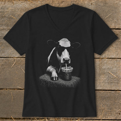 Black t-shirt with a graphic of a cow wearing sunglasses drinking from a cup.