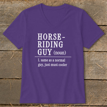 Purple t-shirt with text: HORSE-RIDING GUY (noun) 1. same as a normal guy, just must cooler.