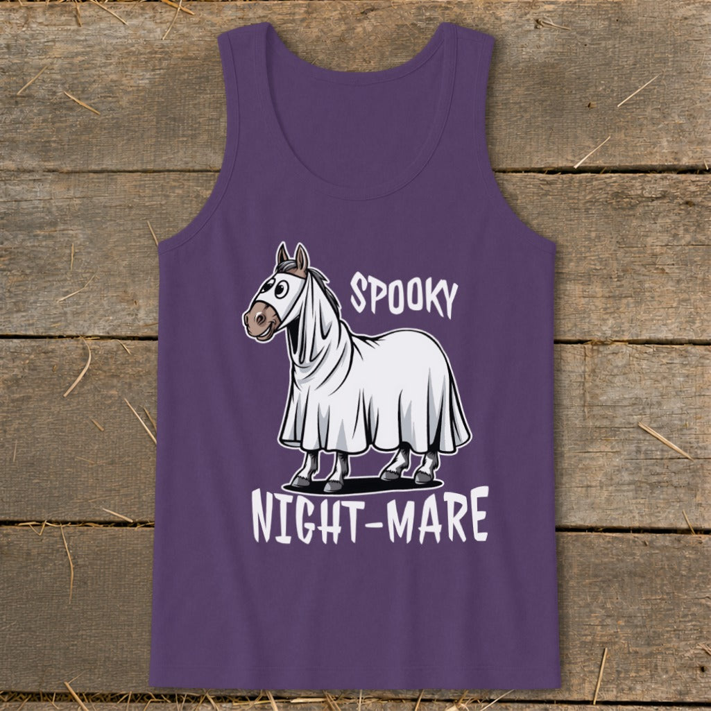 Horse dressed as a ghost with text "Spooky Night-Mare".