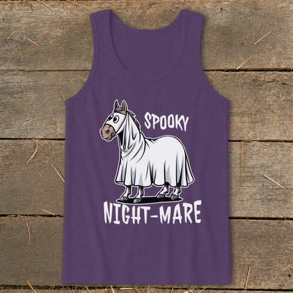 Horse dressed as a ghost with text "Spooky Night-Mare".