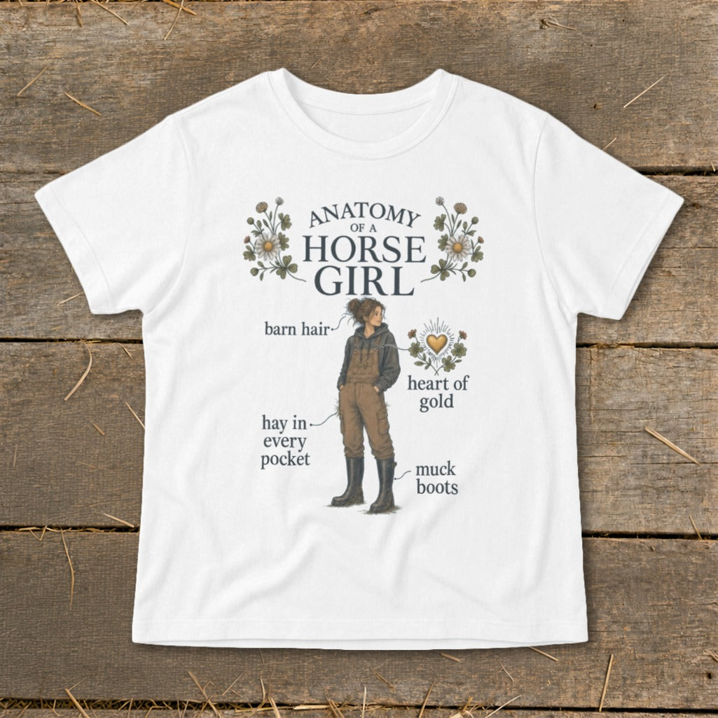 White t-shirt graphic: "Anatomy of a Horse Girl" with labeled horse girl illustration.
