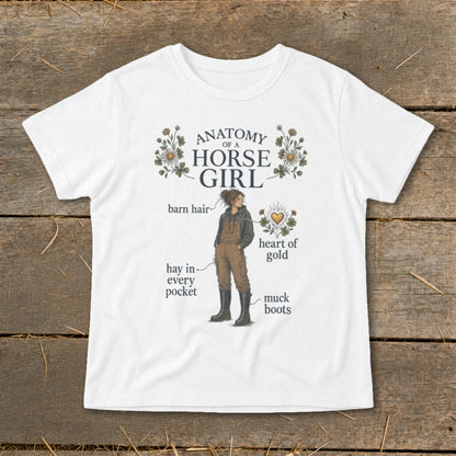 White t-shirt graphic: "Anatomy of a Horse Girl" with labeled horse girl illustration.
