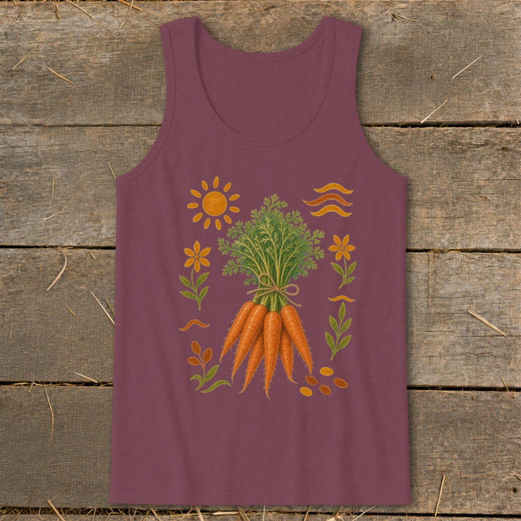 Tank top with a bouquet of carrots, sun, flowers, and wavy lines design.