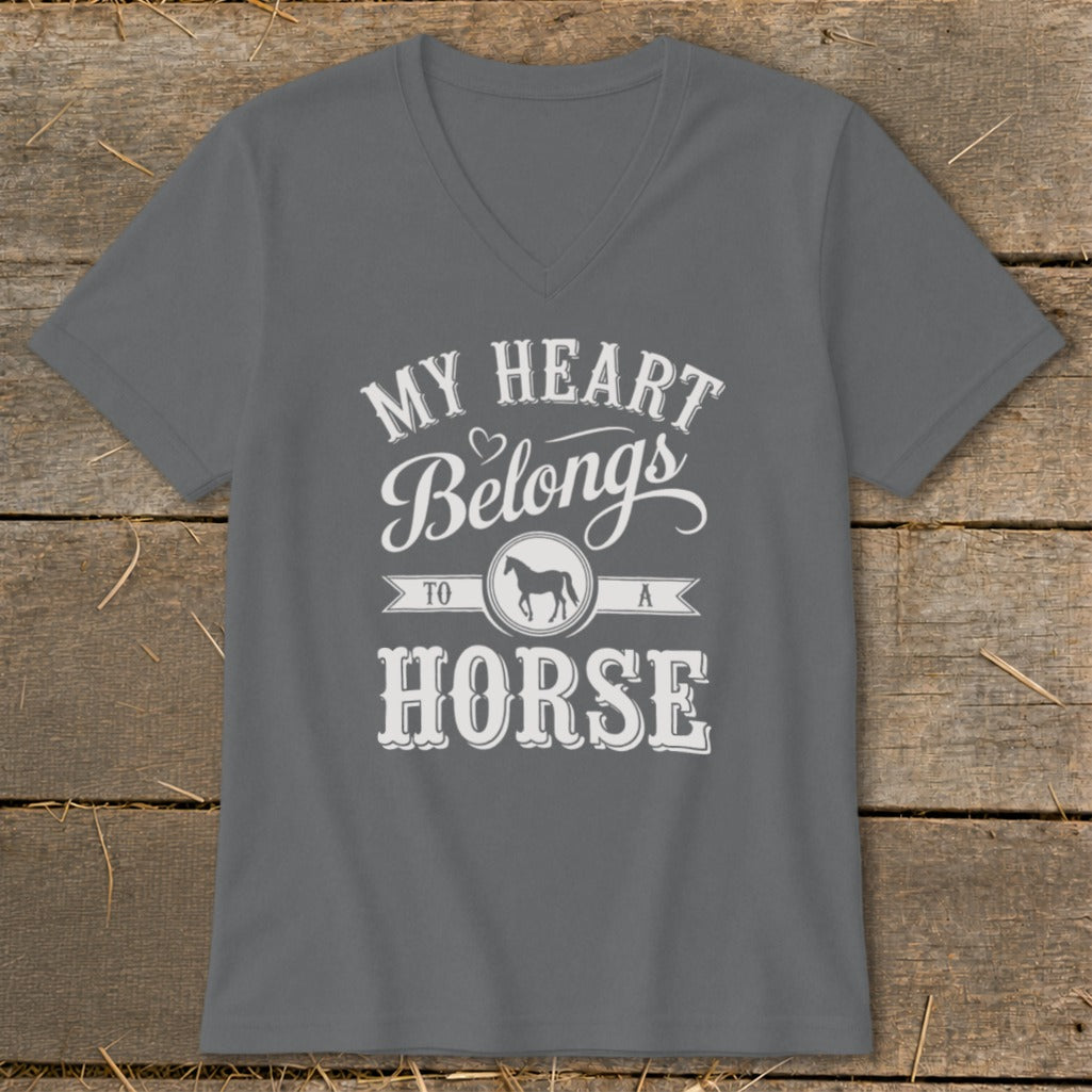 Grey t-shirt with white text that reads "MY HEART Belongs TO A HORSE" and a horse silhouette.