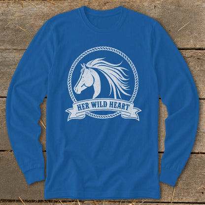 Blue long-sleeve shirt with white horse head graphic and "Her Wild Heart" text.