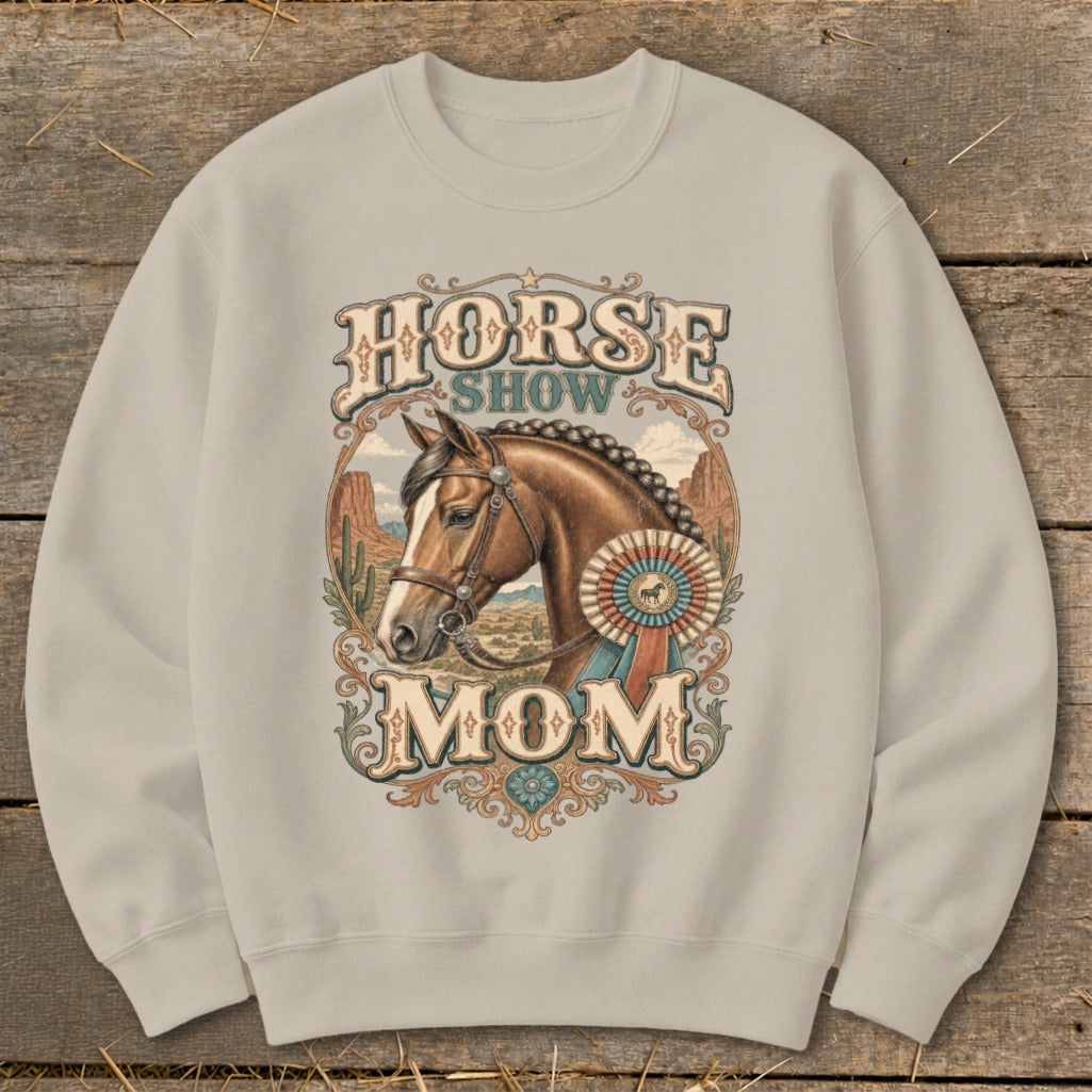 Horse Show Mom text with horse portrait and desert background.