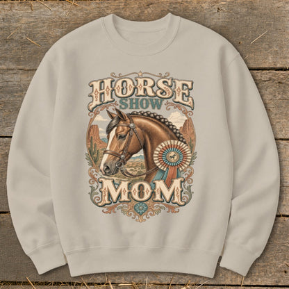 Horse Show Mom text with horse portrait and desert background.