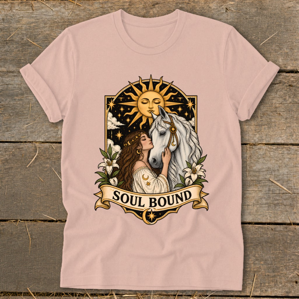 Illustration of a woman with a horse under a sun and starry sky with "Soul Bound" text.